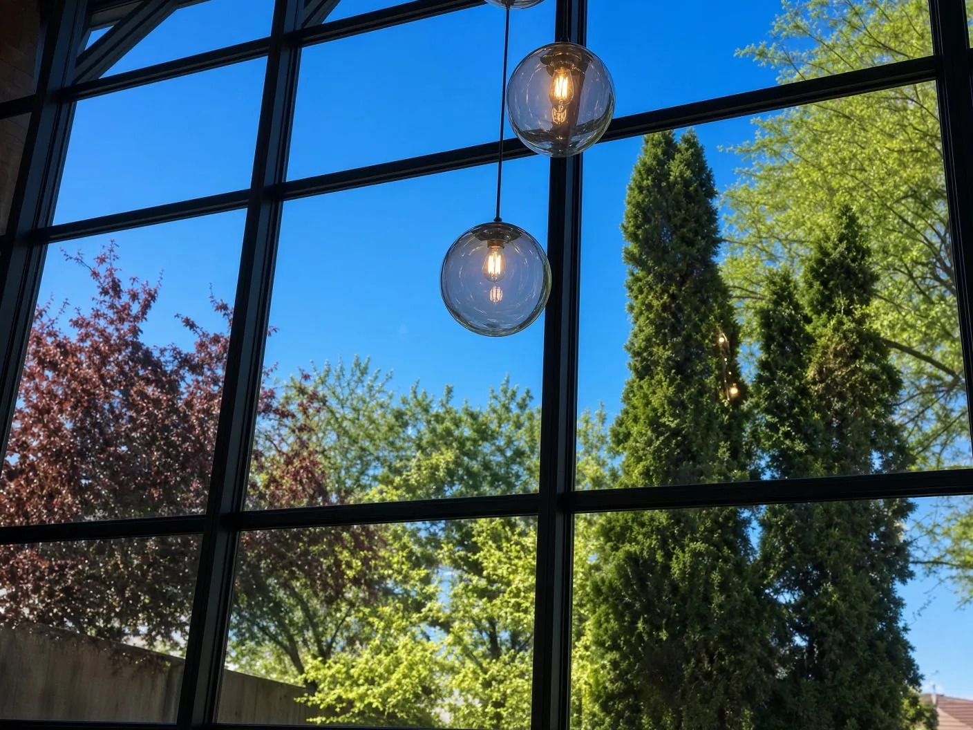 A tall wall of commercial glass with pendant lights and trees beyond it