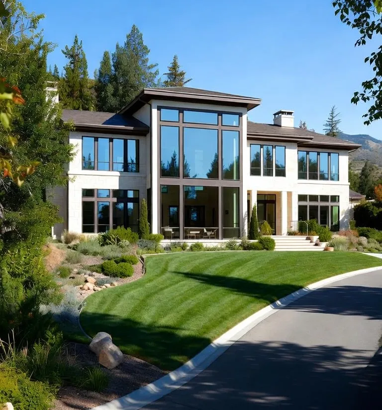 A modern Treasure Valley home with two stories of clean glass, lawn and mountains behind