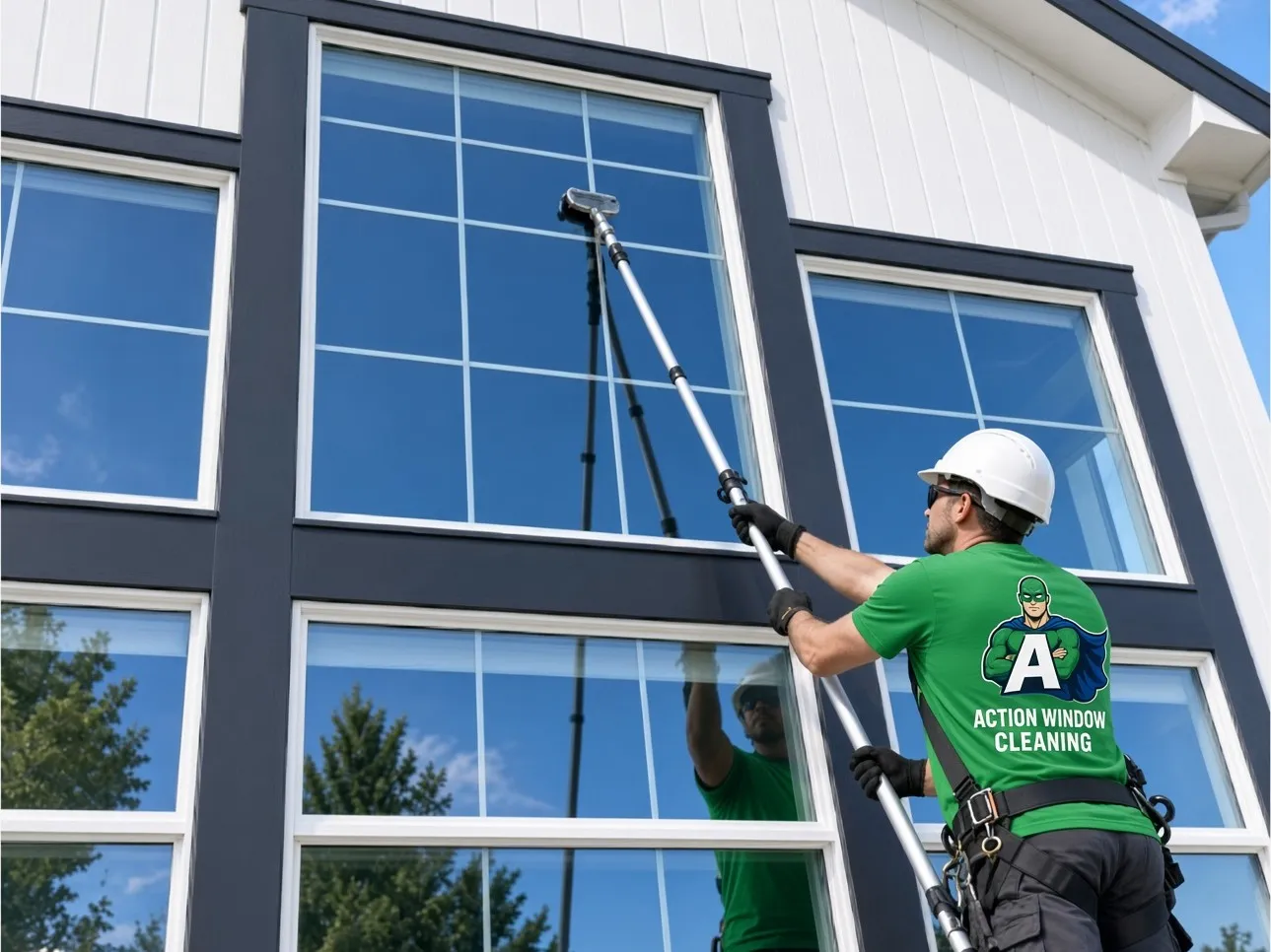An Action tech in the green Action shirt cleaning tall windows with a water-fed pole