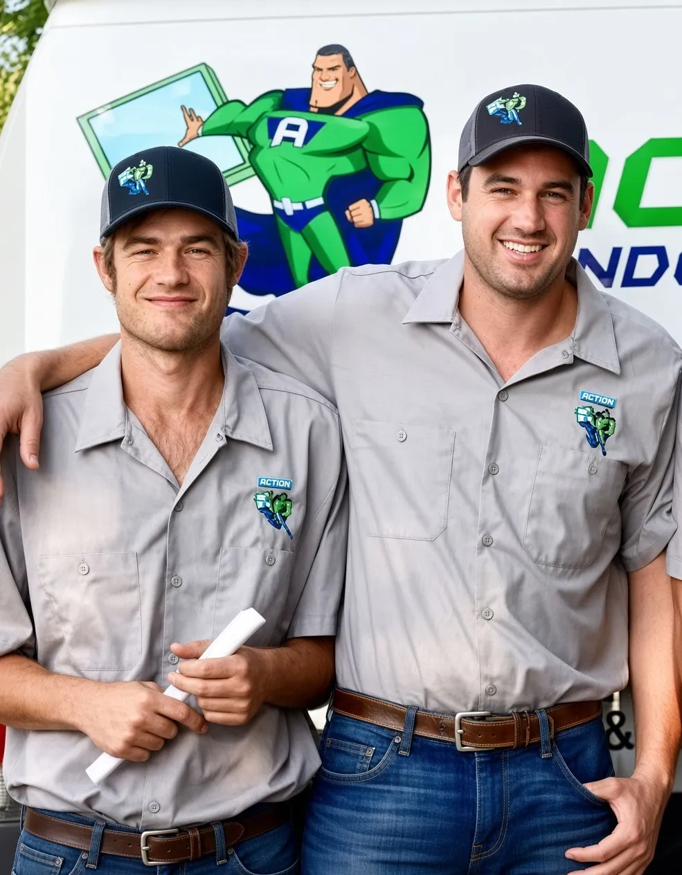 Two Action Window Cleaning techs in gray uniform shirts in front of the company van